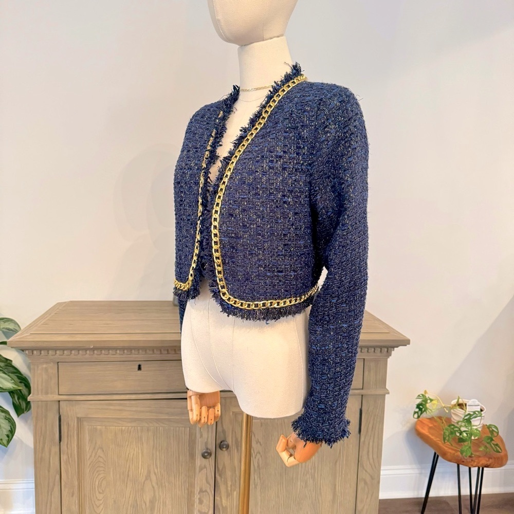 NWOT Christian Lacroix Navy and Gold Metallic Tweed Cropped Blazer | Small - Picture 11 of 13